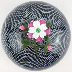 Perthshire 1991E Pink and White Rose Lampwork Flower Latticinio Dome Paperweight
